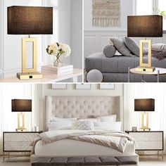 three different pictures of a bedroom with white furniture and gold accents, including a bed