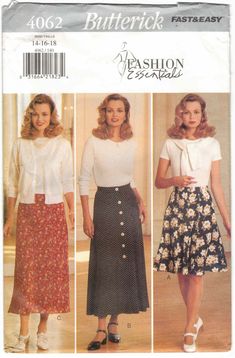 "Simplicity Sewing Pattern #4062 Vintage 1990s Flared A-Line Skirts in Knee, Midi or Ankle Length Misses Plus Sizes: 14, 16 & 18 This 90s sewing pattern is new, uncut and complete with original factory folds. It is an out of print pattern, copyright 1995. Classified as \"very easy\" to sew. Appropriate for everyday wear, church function, career, Easter or Special Occasion. The flared skirt, mid knee or above ankle length, has waistband, button up down front and side front and side back seams. The A-line, lined, bias skirt C, above ankle length, has elastic waist and side zipper. Body measurements for sizes included in this pattern are for sizes 14: bust 36\", waist 28\", hip 38\" and back waist length 16 1/2\"; 16: bust 38\", waist 30\", hip - 9\" below waist 40\" and back - neck to waist 90s Sewing Patterns, Paper Sewing Patterns, Easy To Sew, Simplicity Sewing, Simplicity Sewing Patterns, Extra Fabric, Flared Skirt, Print Pattern, Flare Skirt