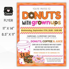 an orange and white flyer for a donut shop with doughnuts on it