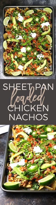 sheet pan loaded with chicken nachos and topped with avocado