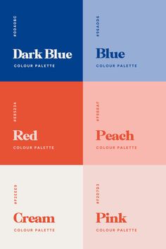 four different color palettes with the words red, blue, and peach on them