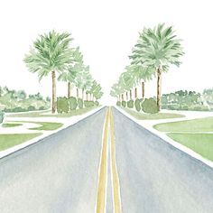 a drawing of a road with palm trees on both sides and grass in the middle