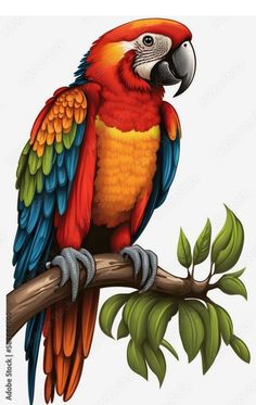 a colorful parrot sitting on top of a tree branch with leaves around it's neck