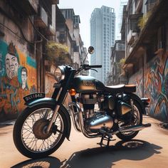 a motorcycle is parked in front of some graffiti