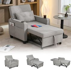 the reclining chair and ottoman are shown in three different positions, including one with a pull out table