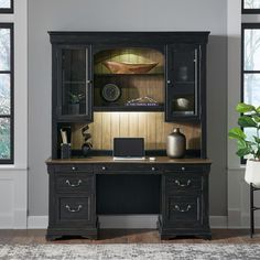 a desk with a laptop on it in front of two windows and a potted plant