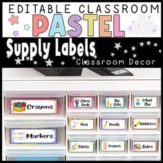 classroom labels are organized in clear plastic bins