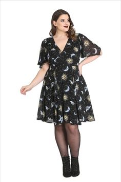 Hell Bunny Solaris Sun Moon Stars Chiffon Dress Sun And Moon Print, Draped Sleeves, Cute Dresses For Party, Print Chiffon Dress, Alternative Wedding Dresses, Sun Moon Stars, Black Jersey, Elegant Skirt, Moon Print