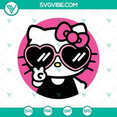 a hello kitty with heart shaped sunglasses on it's face, and the word svve