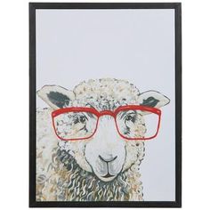 a sheep wearing red glasses is featured in this framed art print, which hangs on the wall