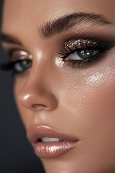 Pink Winter Makeup Looks, Eyeshadow Inspiration Colorful, Silver And Pink Makeup Looks, Smokey Eye Makeup With Glitter, Champagne Eyeshadow Looks, Smoky Pink Eye Makeup, Glitter Eyeshadow Ideas, Sparkle Makeup Looks, Sparkly Eyeshadow Looks