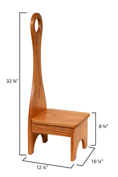 a wooden chair with measurements for the seat and foot rest on top of it's legs