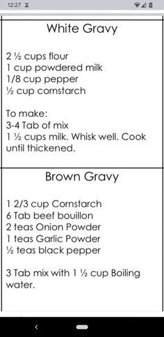 the recipe for white gravy is shown on an iphone screen, with instructions to make