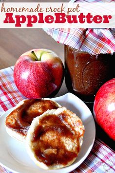 homemade crock pot apple butter on a plate with apples