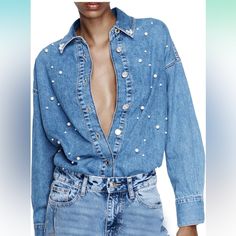 Viral Button Down Denim Shirt Pearl Beading Collared Top Womens Chambray Shirt, Denim And Pearls, Denim And Diamonds, Pearl Beading, Rhinestone Shirts, Long Sleeve Denim Shirt, Romper And Jacket, Beaded Collar, Denim Fabric