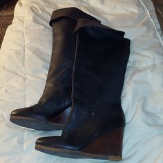 These Boots Are Size 11, Upper Black Leather Which Is Super Soft, Shearling Inside For Warmth & Comfort, Wedge Heels. On The Right Boot, There Is A Small Scratch On The Leather As Well As Slight Wear On Heel As Shown In Photo. Super Comfortable & Amazing! Please Note That When I Got These, The Ugg Logo On The Sole Was Covered, But If You Look Closely, It Still Says Ugg As Well As The Silver Embellishment On The Boot & Inner Tags. Make Me An Offer Or Combine With Other Items In My Closet To Save On Shipping! Womens Uggs, Ugg Shoes, Over The Knee Boots, Over The Knee, Wedge Heels, Knee High Boots, High Boots, Knee High, Black Leather