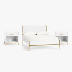 a bed with two nightstands next to it on a white surface and one is gold