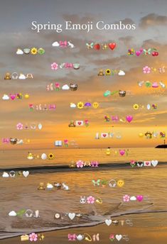 an image of the beach with hearts and flowers on it's back ground, as well as text that reads spring emoji combos