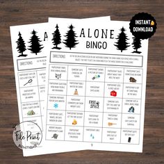 two printable camping games with pine trees on them