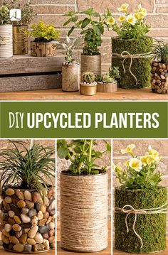 several different types of planters are shown with the words diy upcycled plants