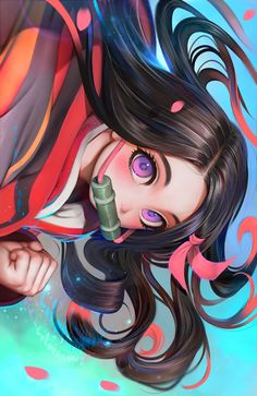 a digital painting of a girl with long black hair and pink eyes holding a microphone