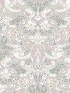 ET11208 Fragaria Garden Light Grey and Rose Petal Wallpaper Pink Vintage Wallpaper, Summer Vegetable Garden, Peaceful Interior, Grey And Rose, Modern Nautical, Garden Wallpaper, Strawberry Plants, Grey Roses, Summer Vegetable