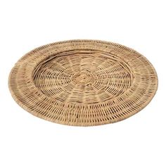 a round wicker tray with an intricate design on the bottom and sides, set against a white background