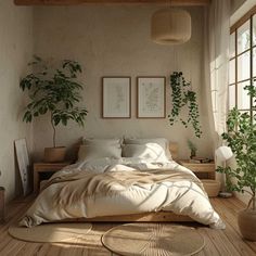 a bed sitting in a bedroom next to a window with potted plants on it