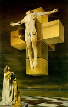 a painting of a man standing next to a woman in front of a crucifix