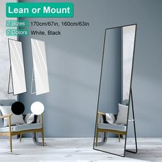 a mirror sitting on top of a wooden floor next to a chair