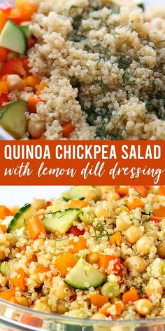 quinoa chickpea salad with lemon dill dressing in a glass bowl