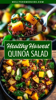 a bowl full of quinoa salad with spinach and squash on the side