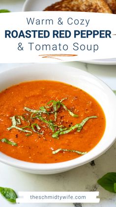 roasted red pepper and tomato soup in a white bowl