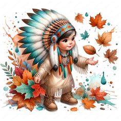 a painting of a native american boy with autumn leaves