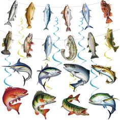 various types of fish hanging from clothesline with streamers in the shape of letters