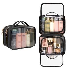 two clear cosmetic bags with different types of beauty products in them, one is open to show the contents