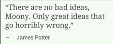 a quote from james potter that reads there are no bad ideas, moony, only great ideas that go horriblely wrong