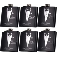 six black flasks with white tuxedos and bow ties on the front