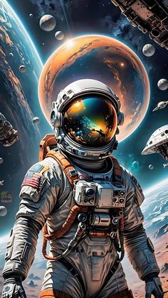 an astronaut standing in front of the earth with his hands on his hips and looking into space