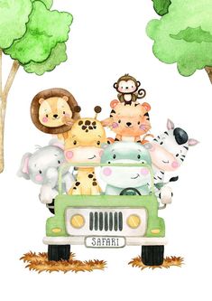 a car filled with animals driving down a road next to trees and a monkey on top