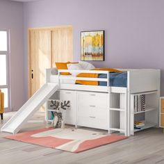 a child's bedroom with a slide and bunk bed