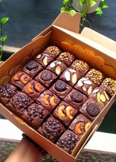 a box filled with lots of brownies covered in nuts and other toppings next to a potted plant