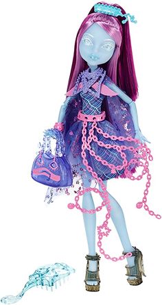 a doll with pink hair wearing a purple dress and holding a handbag in her hands