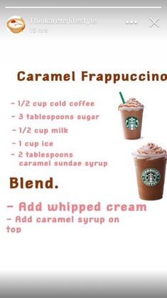 the menu for caramel frappuccino coffee is shown in this screenshot