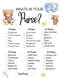 what's in your purse? baby shower game with teddy bears and blue balloons