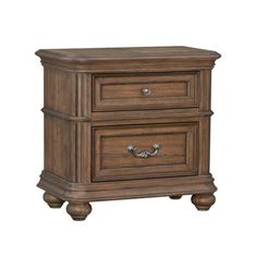 an image of a wooden nightstand with two drawers on each side and one drawer open