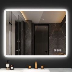 a bathroom with a sink, mirror and lights