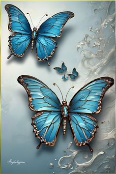 two blue butterflies on a white and gold background