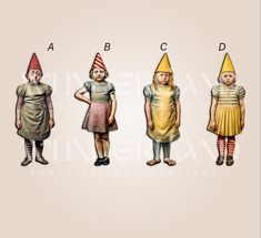 four children dressed in different costumes with the letters abc, c and d on them