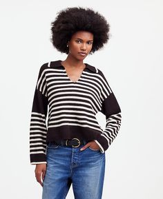 Cashmere-Wool Blend Polo Sweater | Madewell Madewell Striped Sweater, Johnny Collar, Madewell Sweater, Womens Cashmere, Madewell Sweaters, Polo Sweater, Collar Sweater, Cashmere Wool, Winter 2024